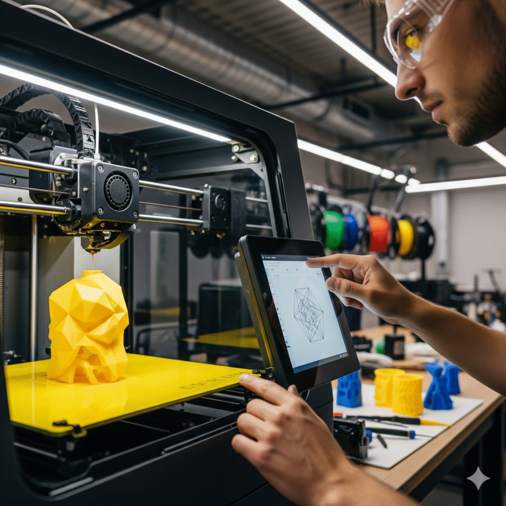 Крупний план працюючого 3D-принтера, що друкує складну деталь — приклад вирішення технічної проблеми за допомогою порад від ШІ.