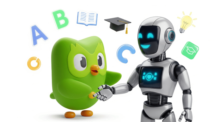 Роботизированная рука ИИ вставляет недостающий пазл в головоломку Duolingo, символизируя решение проблемы неполного обучения.