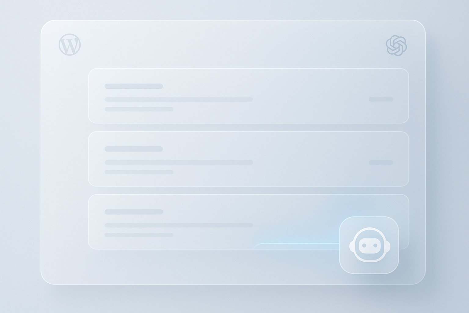 Інтерфейс WordPress у стилі скломорфізму з інтегрованим ШІ-помічником, який допомагає редагувати контент у блозі.