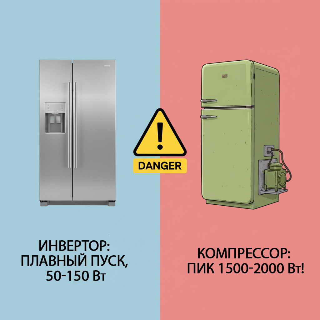 Сравнение пускового тока инверторного и обычного компрессорного холодильника для ИБП
