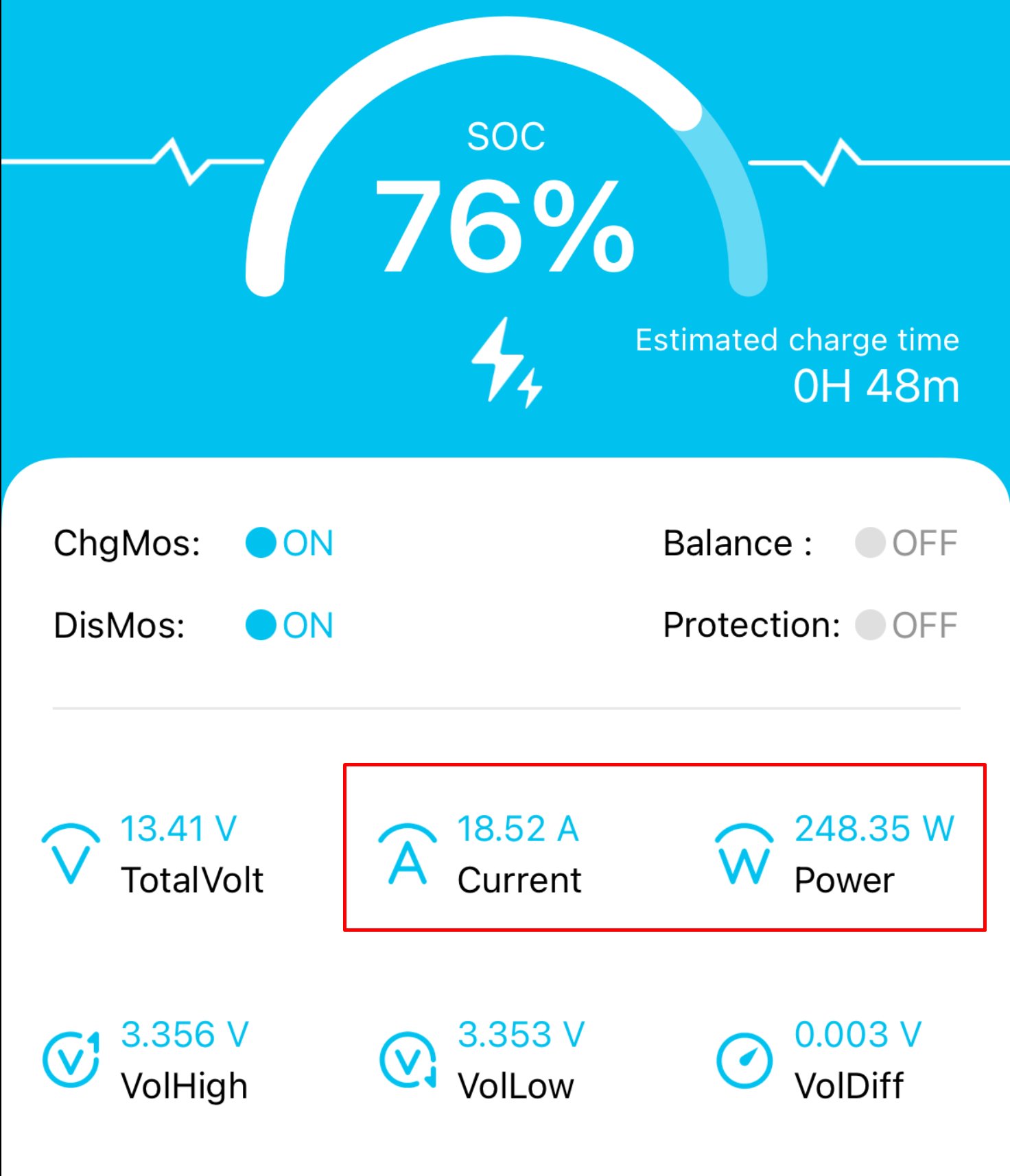 Скриншот застосунку BMS LiFePO4 акумулятора показує реальну потужність заряду 248 Вт