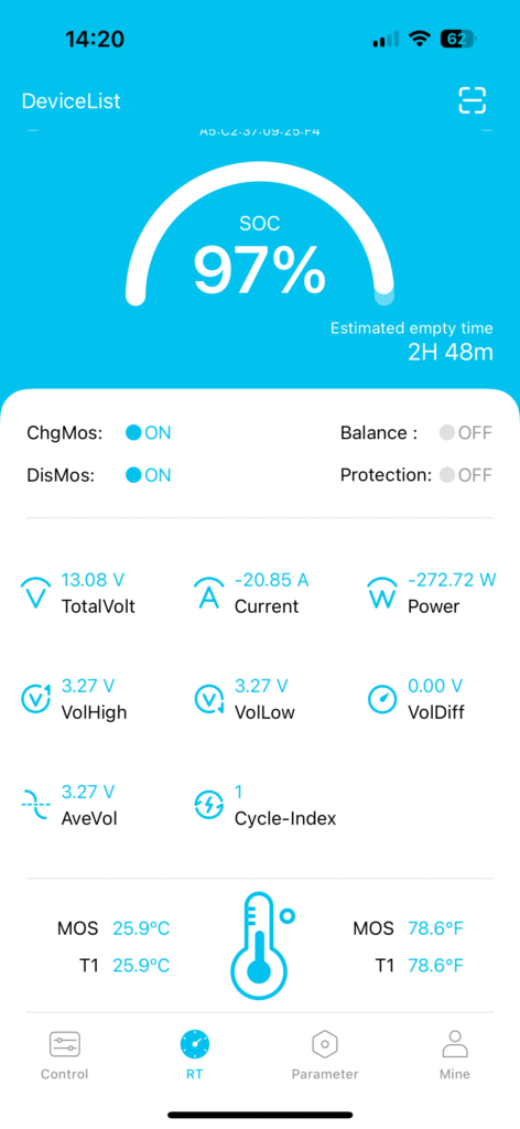 Скріншот додатка BMS XiaoXiangElectric, що показує реальне навантаження (-272 Вт) на акумулятор LiFePO4