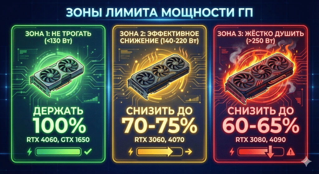 Инфографика три зоны настройки Power Limit для разных видеокарт
