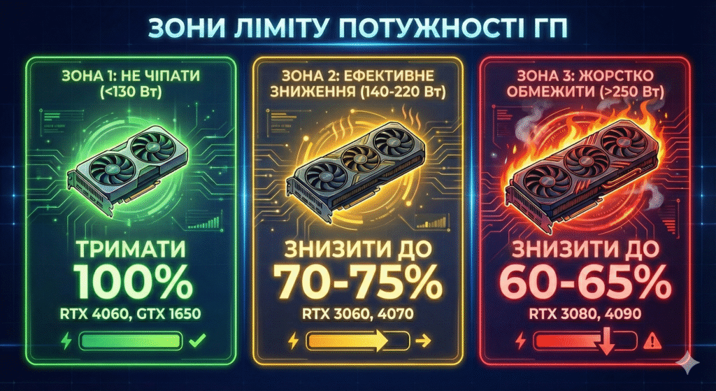 Інфографіка три зони налаштування Power Limit для різних відеокарт