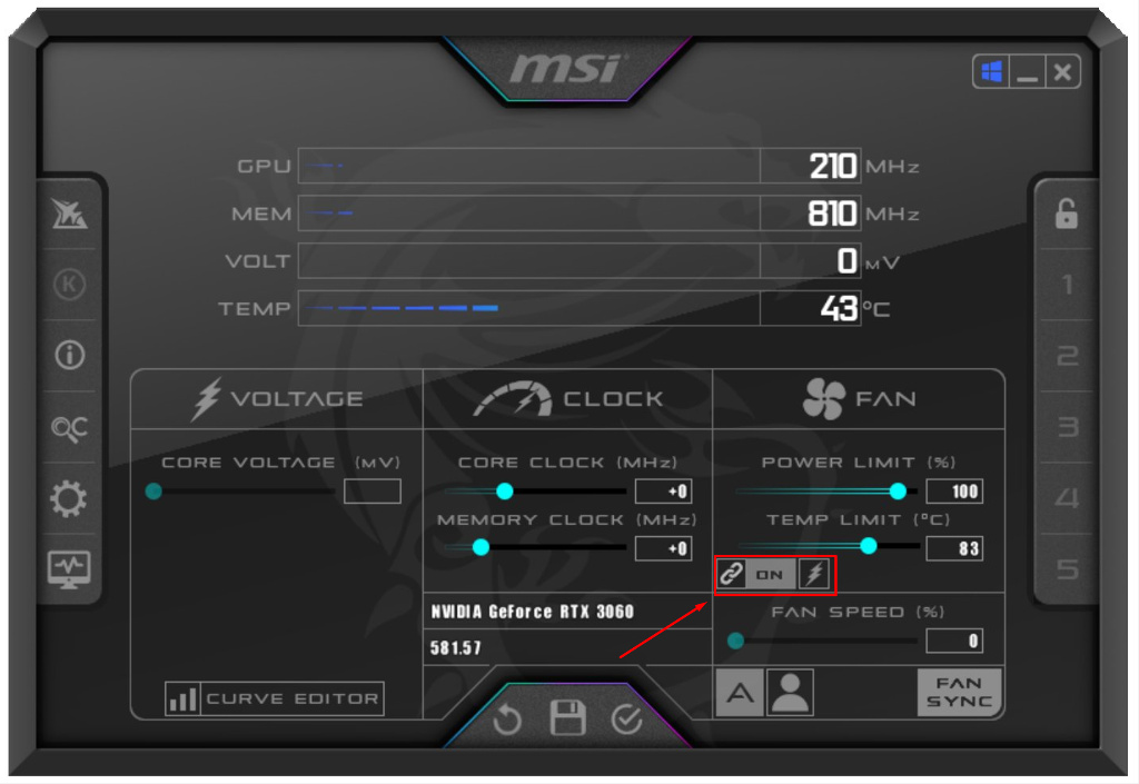 Кнопка ланцюга зв'язку температури та живлення в MSI Afterburner виділена червоним