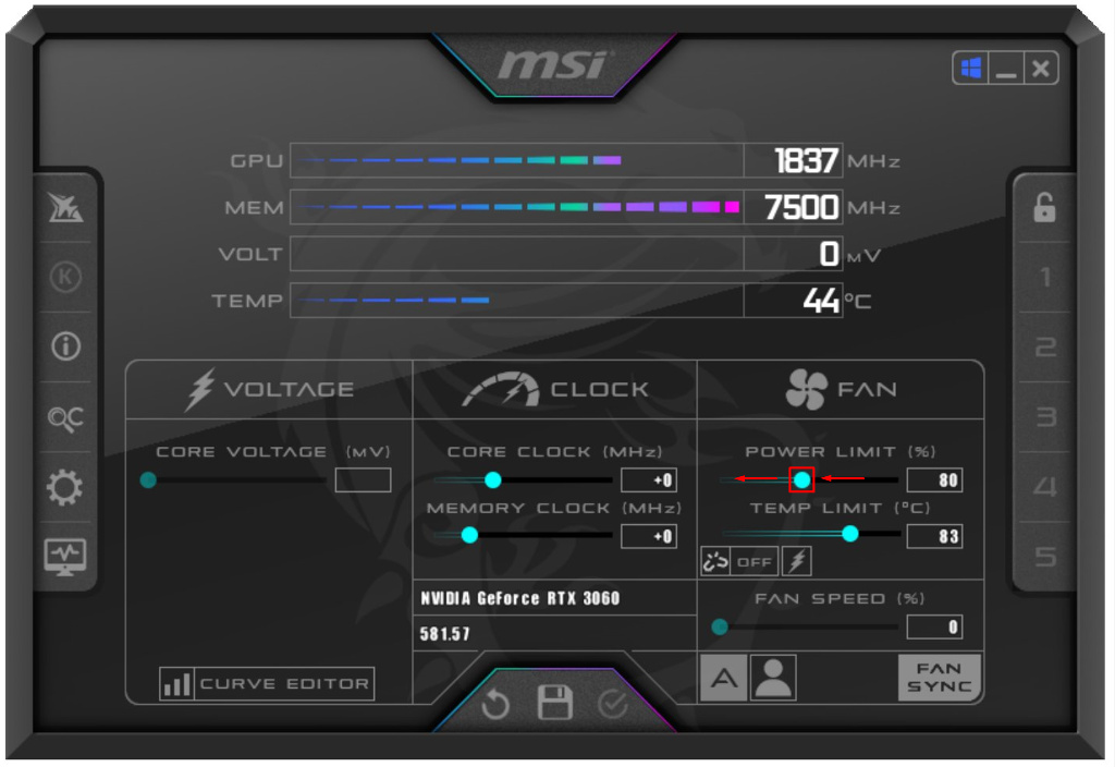 Повзунок Power Limit на 80 відсотків в MSI Afterburner