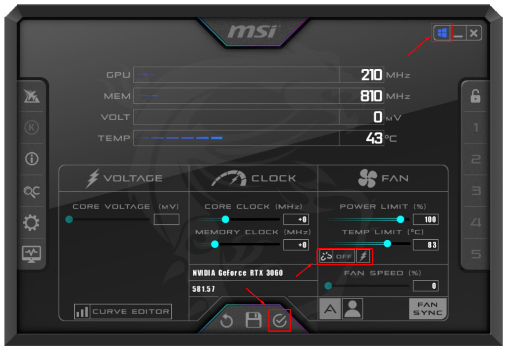 Кнопка автозавантаження Windows Startup в MSI Afterburner виділена червоним