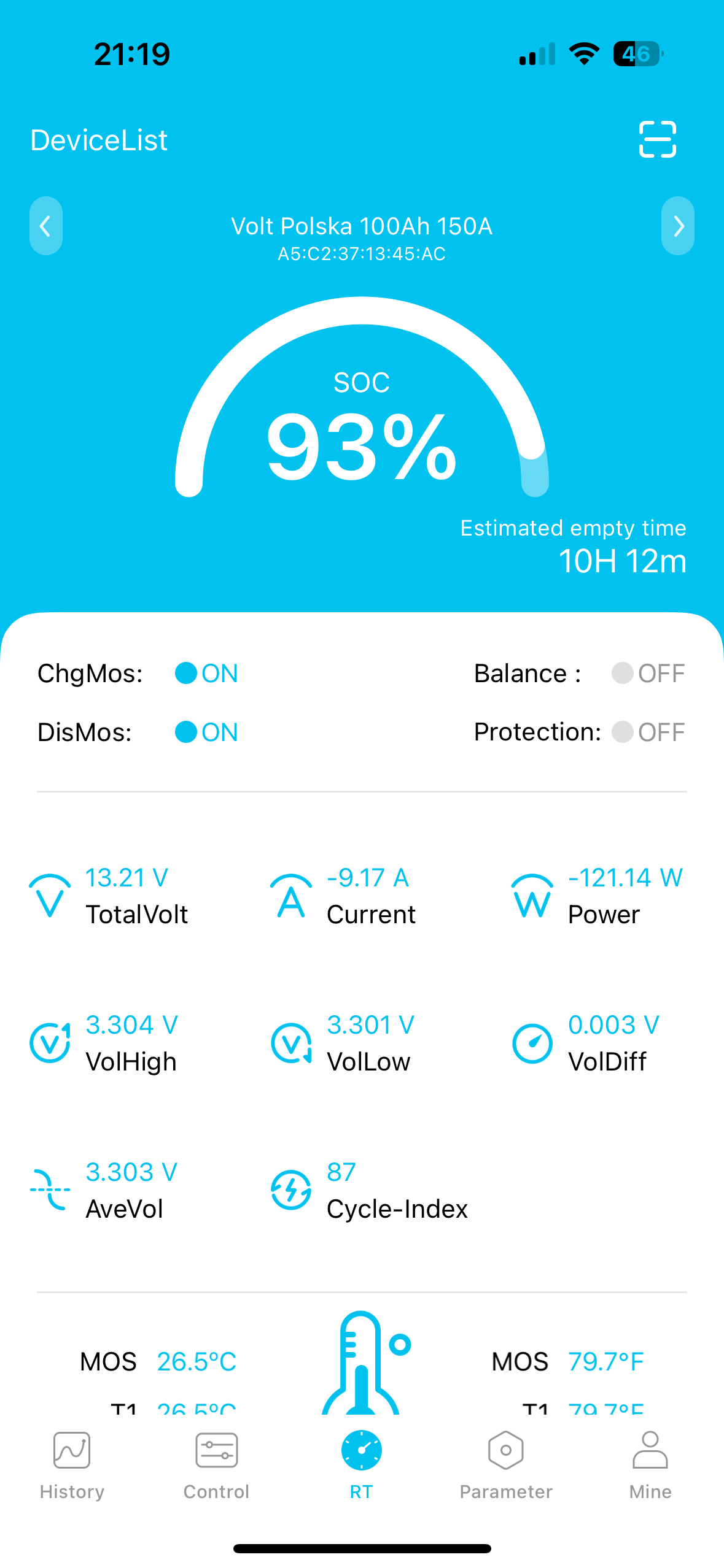 Скріншот додатка XiaoXiangElectric на смартфоні, що відображає параметри LiFePO4 акумулятора через Bluetooth BMS. Показано заряд 97%, напругу 13.08В, струм розряду -20.85А та температуру комірок.