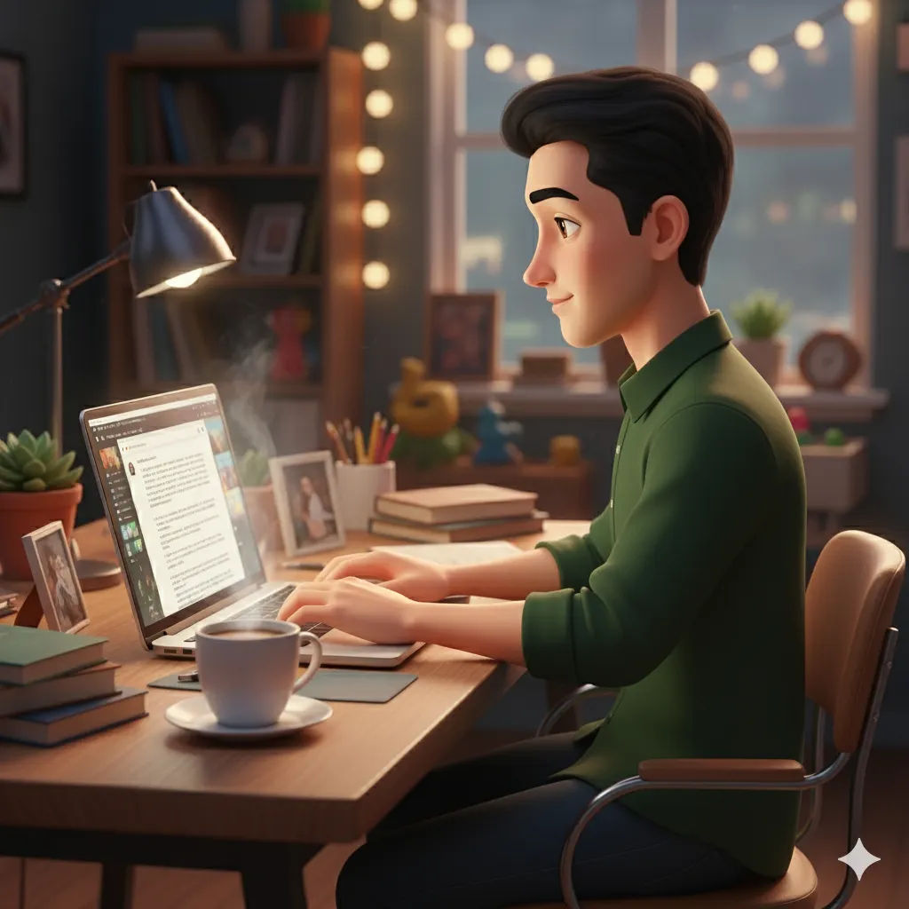3D-аватар автора блогу Simple AI Hub за роботою: сторінка «Про автора» та концепція анонімності