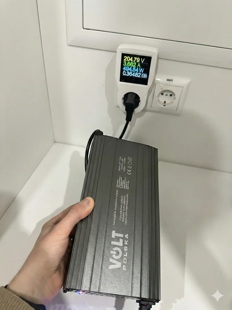 Реальне споживання зарядки Volt Polska 30A тест ватметром 495 Вт