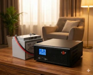 ДБЖ LogicPower LPE-B-PSW, підключений до акумулятора Volt Polska LiFePO4, на дерев'яному столі в домашньому інтер'єрі.