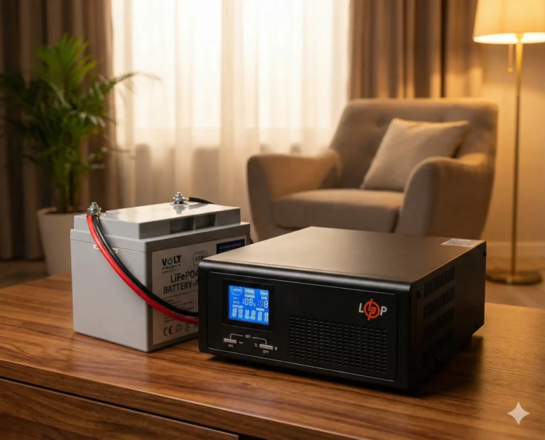 ДБЖ LogicPower LPE-B-PSW, підключений до акумулятора Volt Polska LiFePO4, на дерев'яному столі в домашньому інтер'єрі.