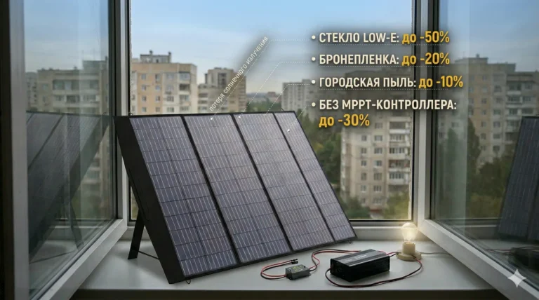Портативная солнечная панель ALLPOWERS 200W за закрытым окном квартиры