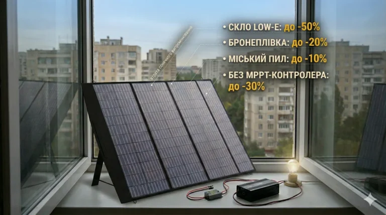 Портативна сонячна панель ALLPOWERS 200W за зачиненим вікном квартири