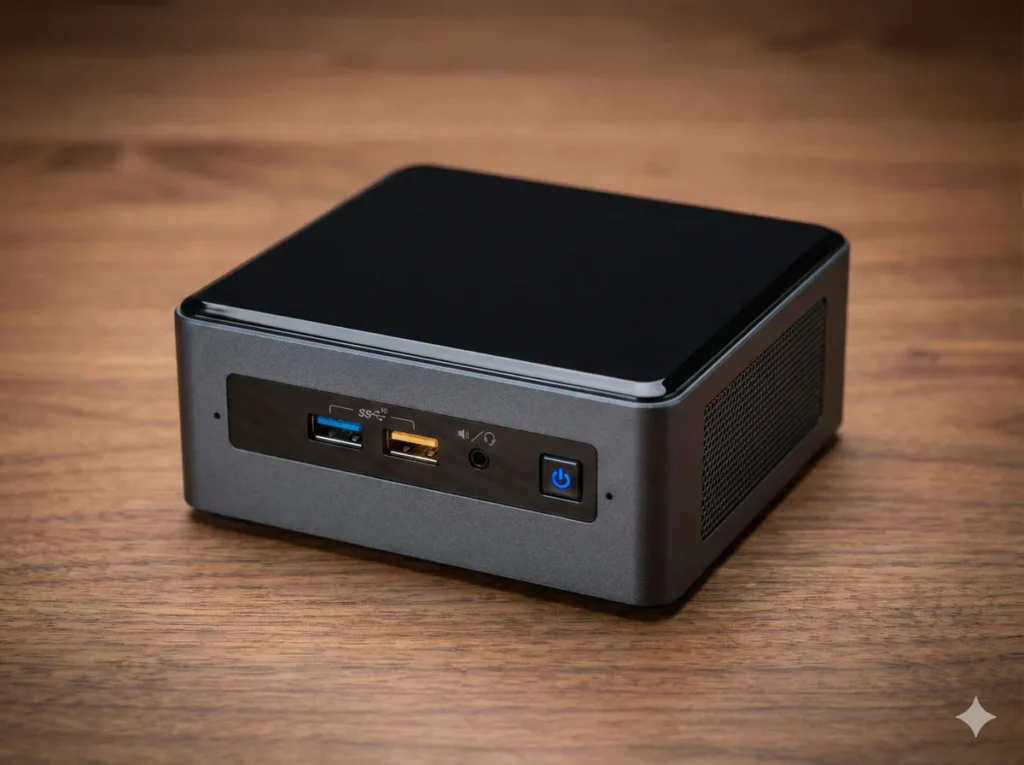 Зібраний міні-ПК Intel NUC8 на дерев'яному столі, тиха робота