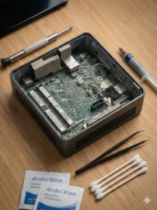 Набір інструментів та розібраний міні-ПК Intel NUC8BEH на столі