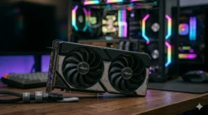 Відеокарта ASUS DUAL RTX 5060 Ti 16GB на столі крупним планом
