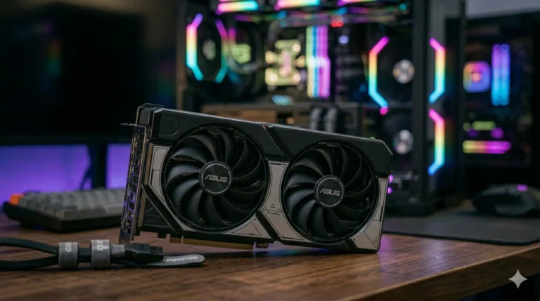 Відеокарта ASUS DUAL RTX 5060 Ti 16GB на столі крупним планом